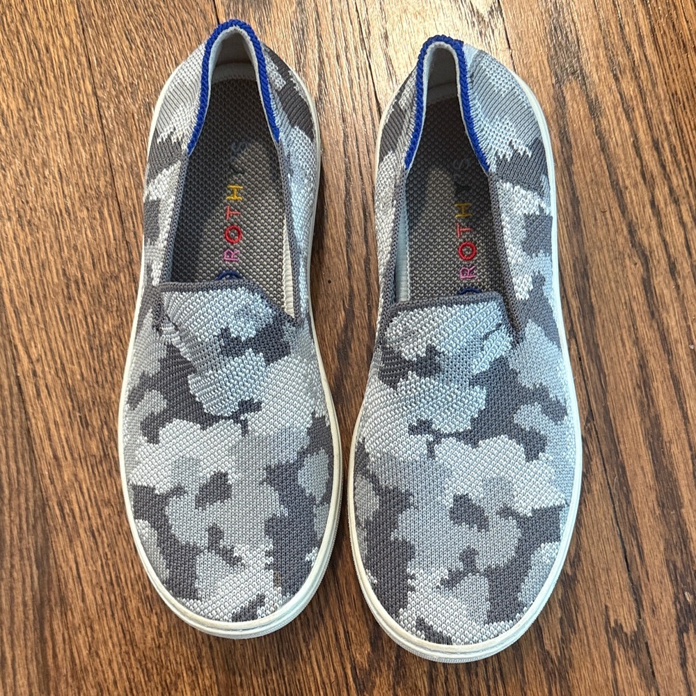 Rothy's Kids Gray Camouflage Slip-On Sneakers with Blue Trim